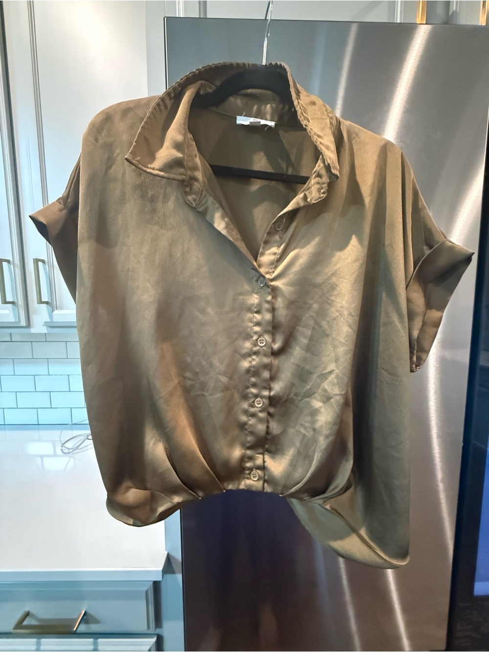 Aritzia Olive Satin Short-Sleeve Button-Front Blouse